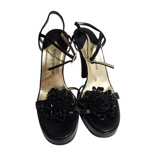Dolce & Gabbana Black Leather Platform Heels Floral Appliqué Made Italy 35.5